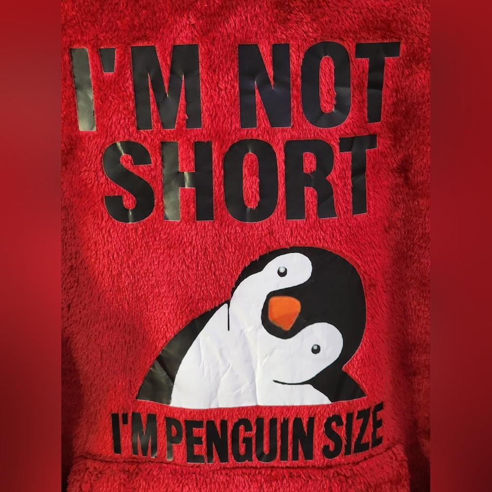 💞4/$20💞 Penguin 'Not Short' Graphic Red Plush Hoodie Size XXL - Picture 8 of 8